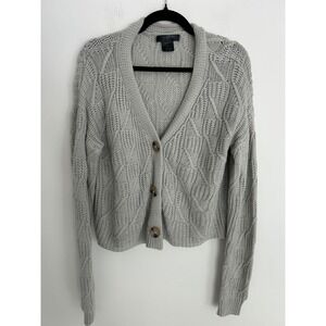 Love & Whimsy Gray Cable Knit Cardigan Sweater XL Cropped V-Neck Button Front